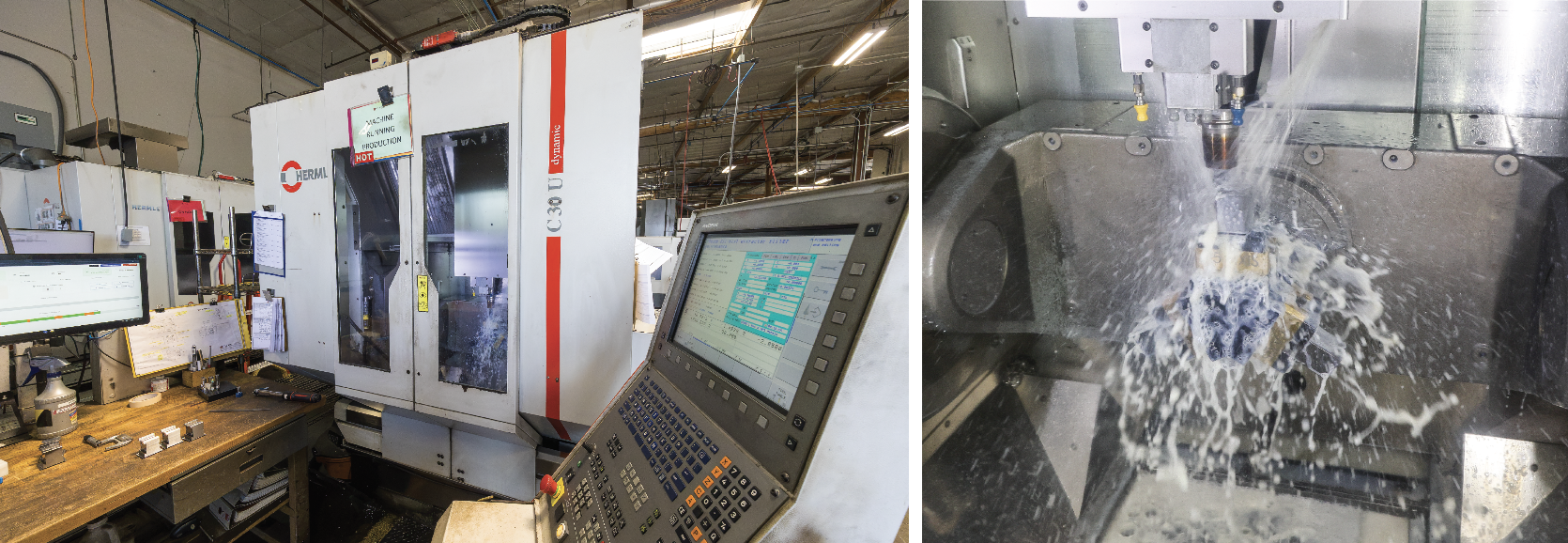 Left - A pair of Herme C30 5 axis machining centers are dedicated to the 5DEV product lines. Right - A production run of the 5DEV titanium stems are in full swing on Hermle 1. Hermle 2 just finished a run of 5DEV titanium mountain bike crank arms.